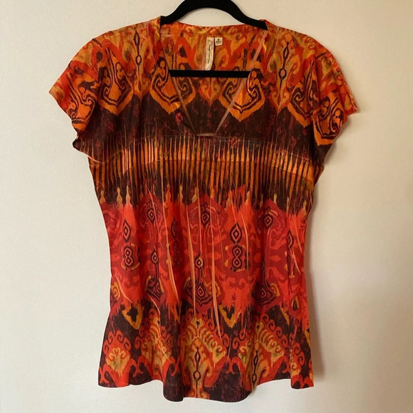Susan Lawrence Tribal Aztec V-Neck Short Sleeve Orange Red Brown Blouse Size M - Picture 1 of 10